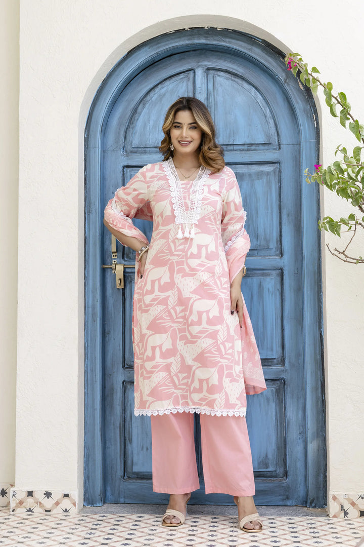Cotton Printed A-Line Neck with Lace Work Kurta With Pant And Dupatta Suit Set