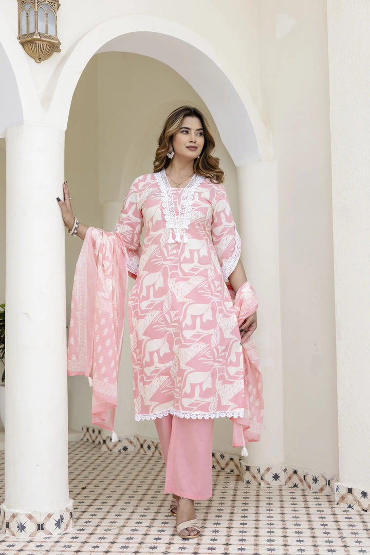 Cotton Printed A-Line Neck with Lace Work Kurta With Pant And Dupatta Suit Set