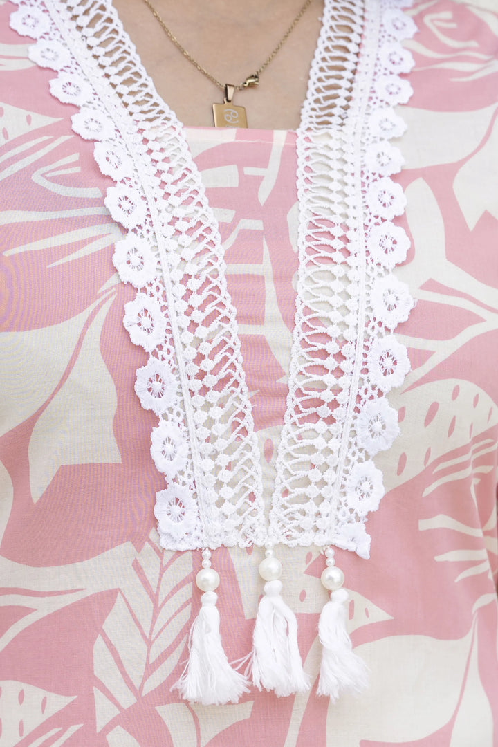 Cotton Printed A-Line Neck with Lace Work Kurta With Pant And Dupatta Suit Set