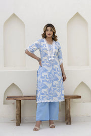 Cotton Printed A-Line Neck with Lace Work Kurta With Pant And Dupatta Suit Set
