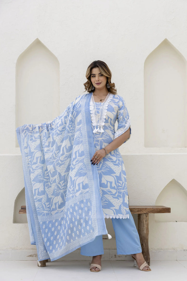 Cotton Printed A-Line Neck with Lace Work Kurta With Pant And Dupatta Suit Set