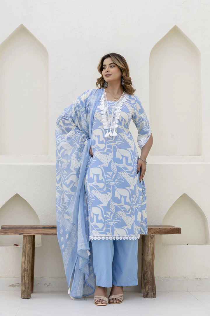 Cotton Printed A-Line Neck with Lace Work Kurta With Pant And Dupatta Suit Set