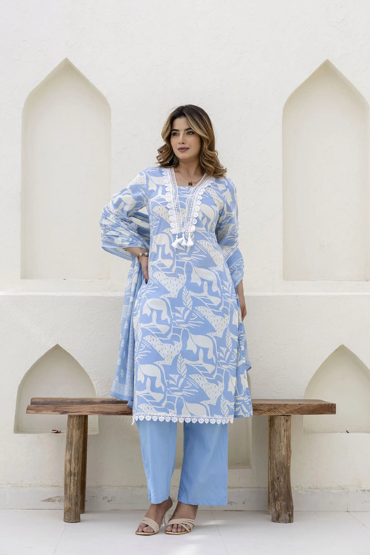 Cotton Printed A-Line Neck with Lace Work Kurta With Pant And Dupatta Suit Set