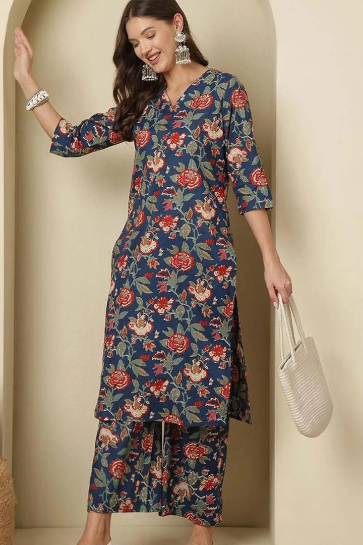 V-Neck Cotton Silk Blend Floral Printed 3/4 Sleeve Co-ord Set