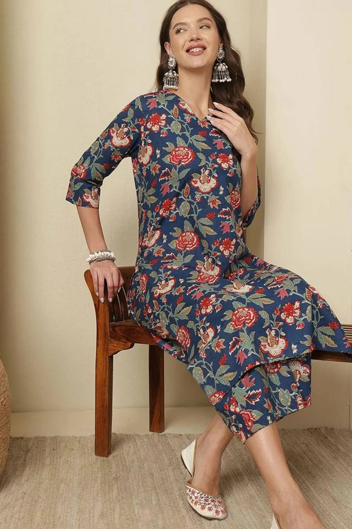 V-Neck Cotton Silk Blend Floral Printed 3/4 Sleeve Co-ord Set