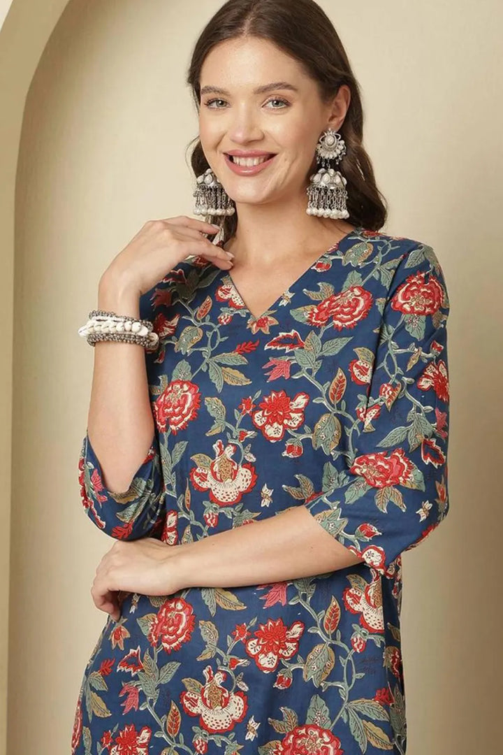 V-Neck Cotton Silk Blend Floral Printed 3/4 Sleeve Co-ord Set