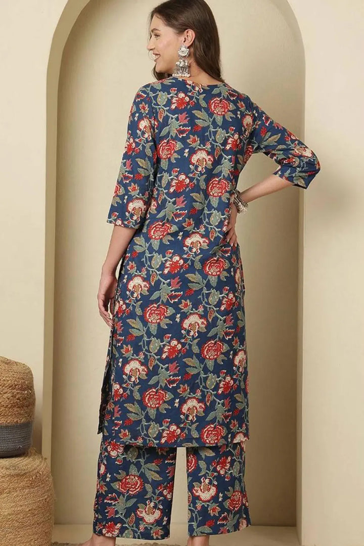 V-Neck Cotton Silk Blend Floral Printed 3/4 Sleeve Co-ord Set