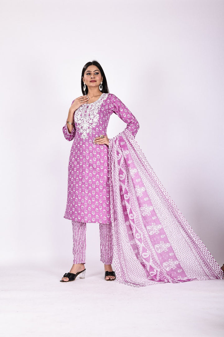 Purple Grace Chikankari Cotton Suit Set