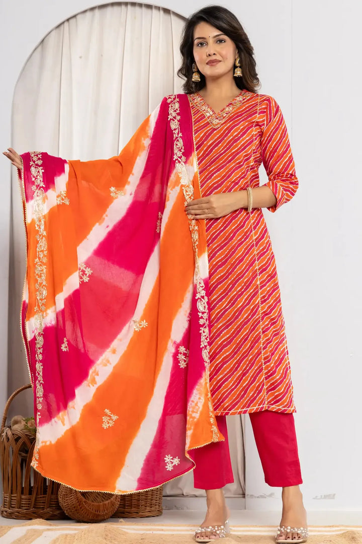 Bandhani Printed Gota Patti Regular fit Silk Suit Set 3/4 Sleeves