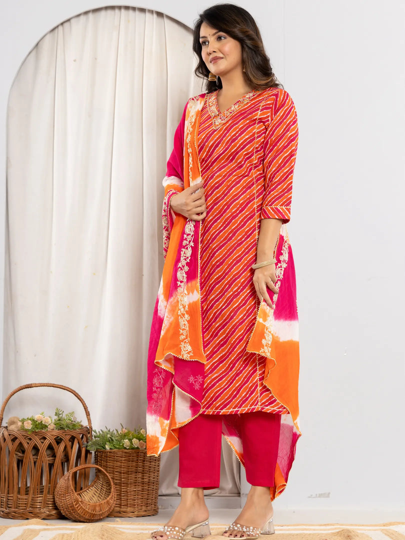 Bandhani Printed Gota Patti Regular fit Silk Suit Set 3/4 Sleeves
