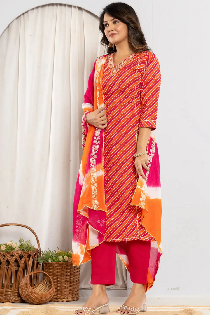 Bandhani Printed Gota Patti Regular fit Silk Suit Set 3/4 Sleeves