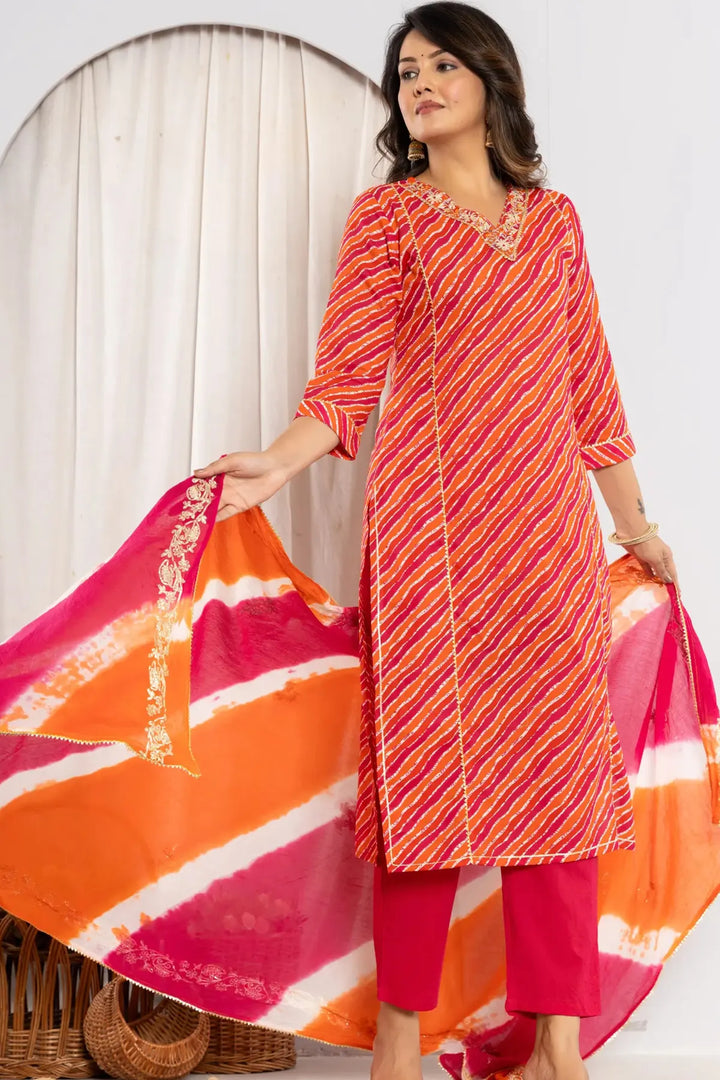 Bandhani Printed Gota Patti Regular fit Silk Suit Set 3/4 Sleeves