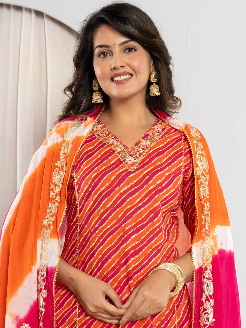 Bandhani Printed Gota Patti Regular fit Silk Suit Set 3/4 Sleeves